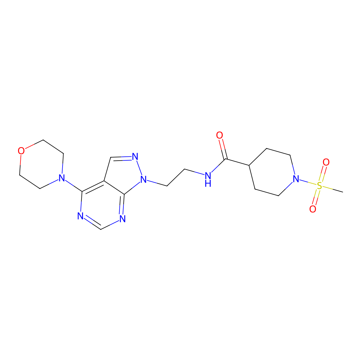 1-(methylsulfonyl)-N-(2-(4-morpholino-1H-pyrazolo[3,4-d]pyrimidin-1-yl)ethyl)piperidine-4-carboxamide molecular structure, CAS 1172576-27-0