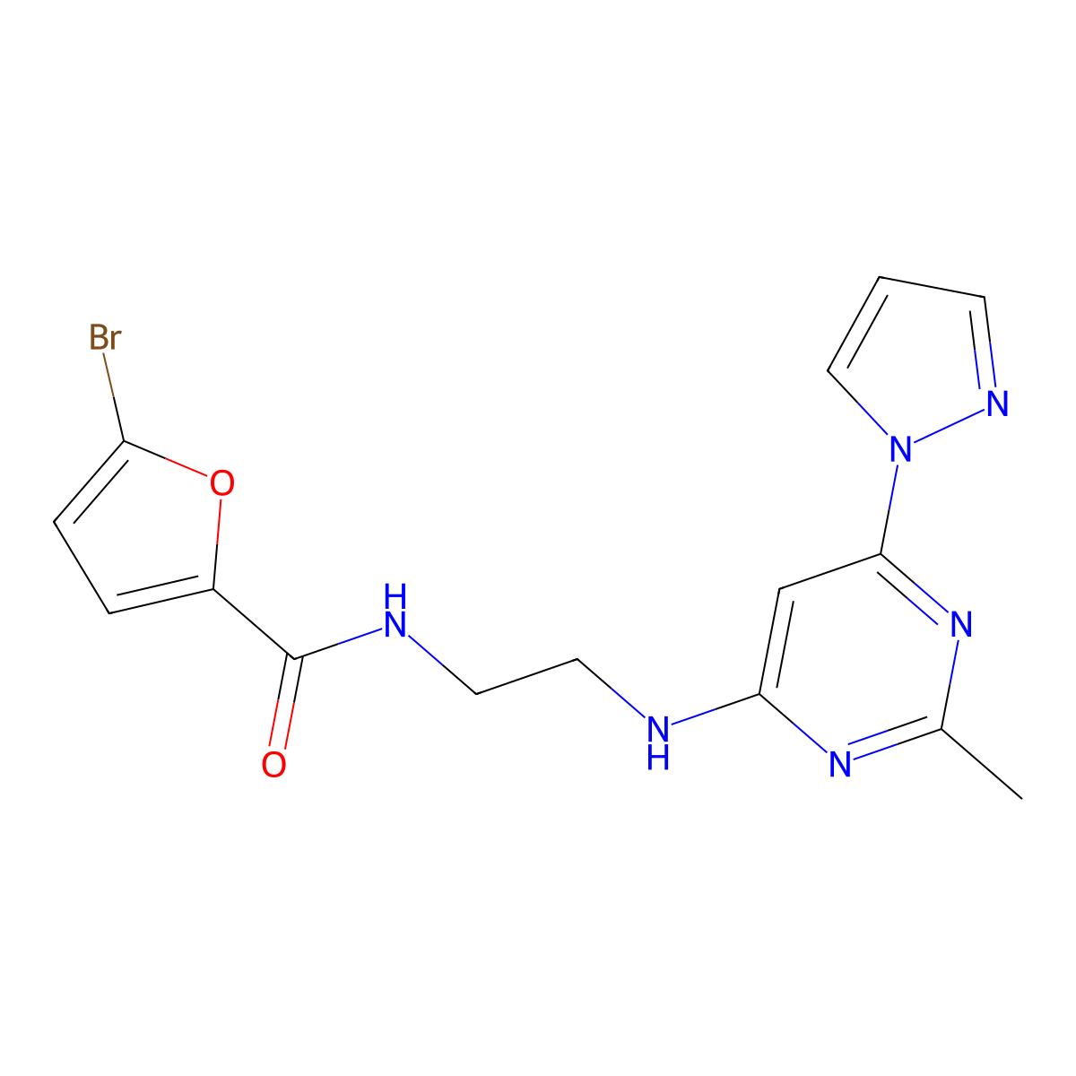 5-bromo-N-(2-((2-methyl-6-(1H-pyrazol-1-yl)pyrimidin-4-yl)amino)ethyl)furan-2-carboxamide molecular structure, CAS 1172694-37-9