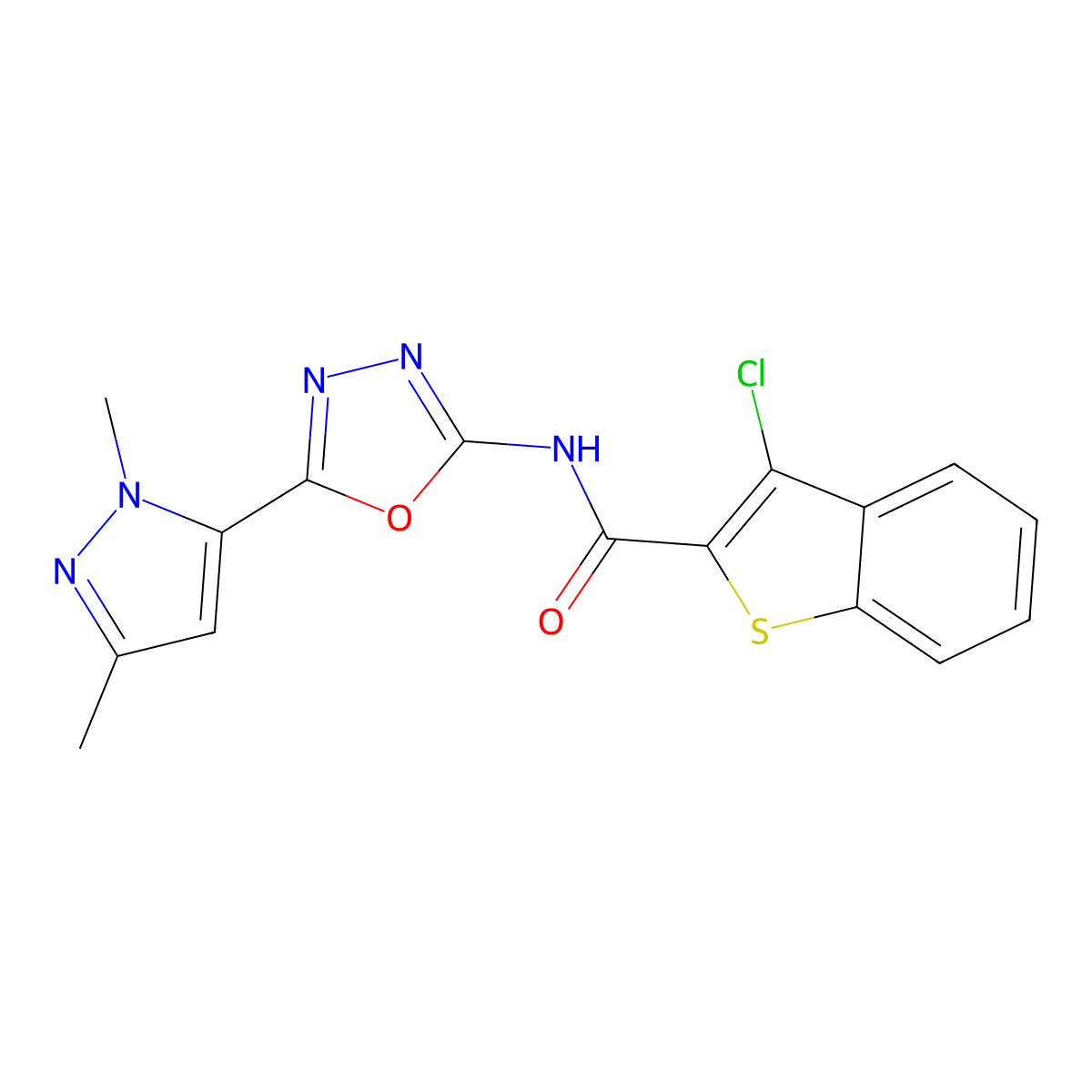 3-chloro-N-[5-(1,3-dimethyl-1H-pyrazol-5-yl)-1,3,4-oxadiazol-2-yl]-1-benzothiophene-2-carboxamide molecular structure, CAS 1172697-60-7