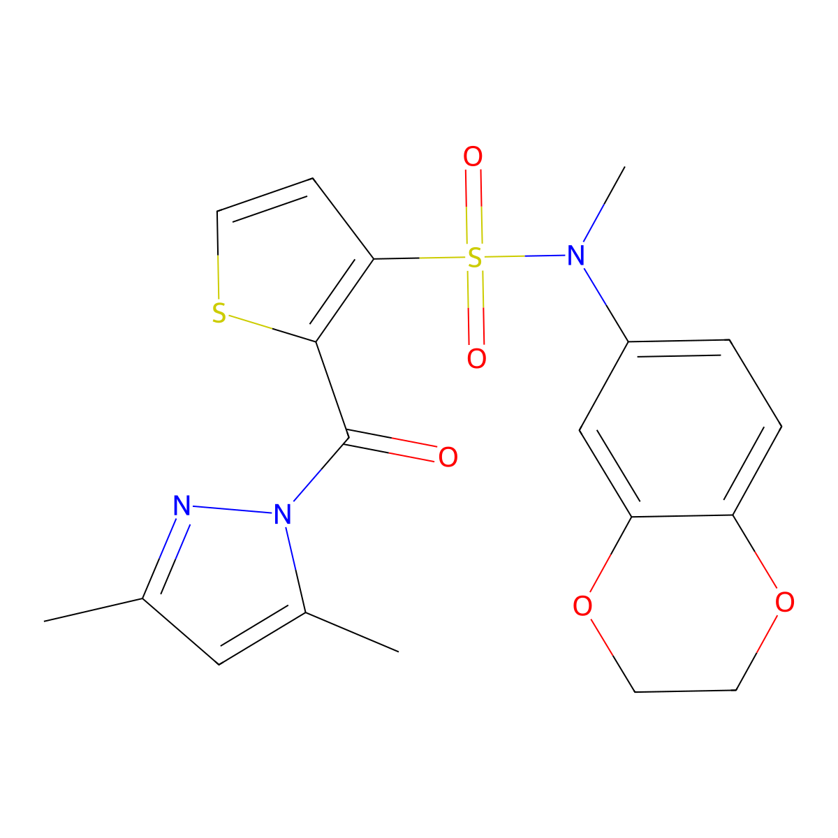 N-(2,3-dihydro-1,4-benzodioxin-6-yl)-2-[(3,5-dimethyl-1H-pyrazol-1-yl)carbonyl]-N-methylthiophene-3-sulfonamide molecular structure, CAS 1172700-21-8