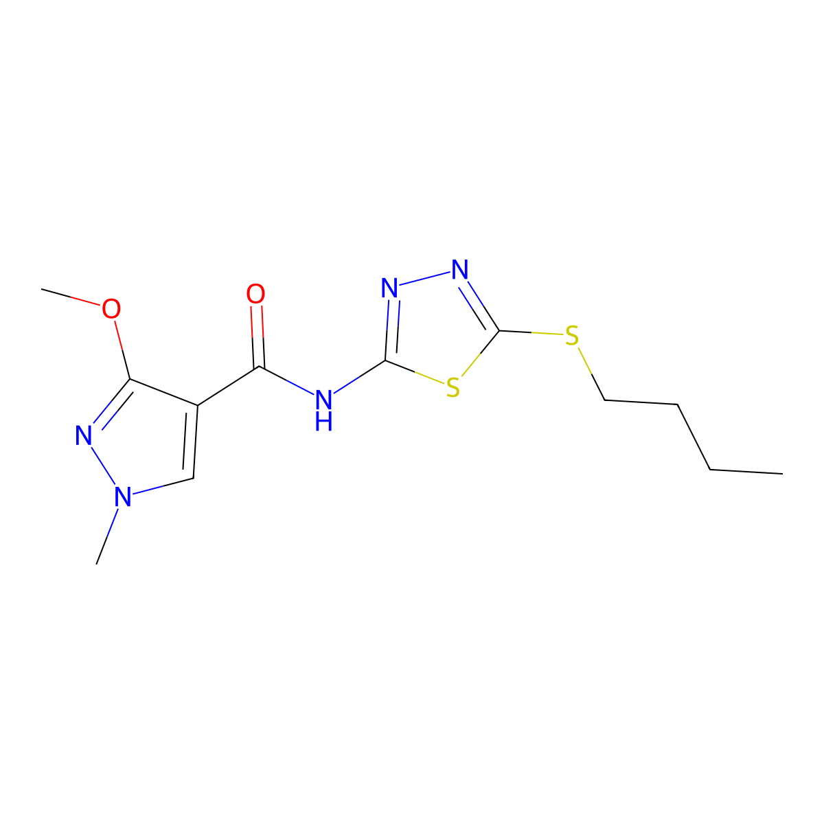 N-(5-(butylthio)-1,3,4-thiadiazol-2-yl)-3-methoxy-1-methyl-1H-pyrazole-4-carboxamide molecular structure, CAS 1172700-72-9