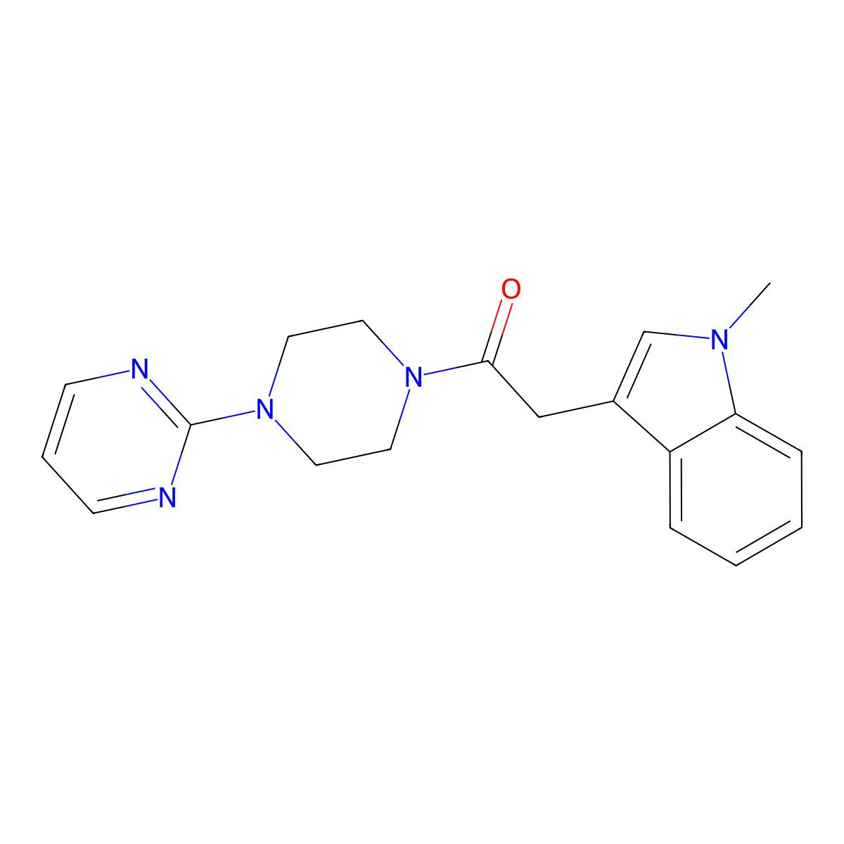 2-(1-methyl-1H-indol-3-yl)-1-(4-(pyrimidin-2-yl)piperazin-1-yl)ethanone molecular structure, CAS 1172701-11-9