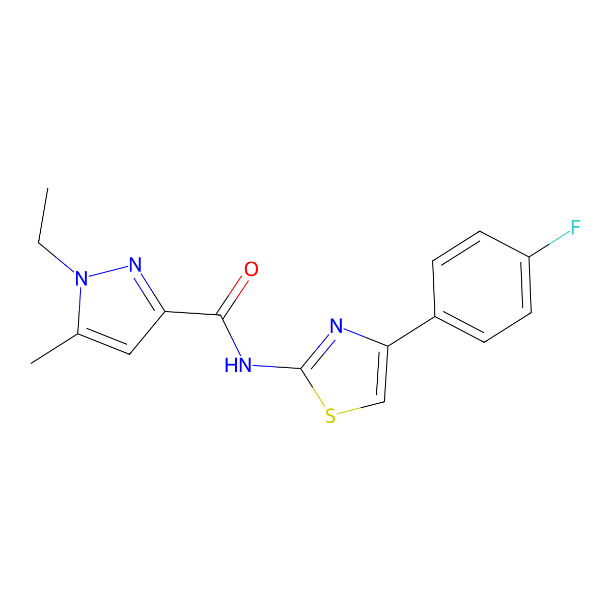 1-ethyl-N-[4-(4-fluorophenyl)-1,3-thiazol-2-yl]-5-methyl-1H-pyrazole-3-carboxamide molecular structure, CAS 1172703-46-6