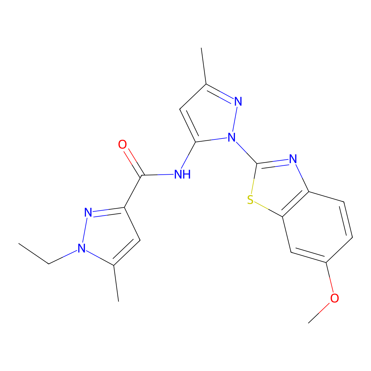 1-ethyl-N-[1-(6-methoxy-1,3-benzothiazol-2-yl)-3-methyl-1H-pyrazol-5-yl]-5-methyl-1H-pyrazole-3-carboxamide molecular structure, CAS 1172704-52-7