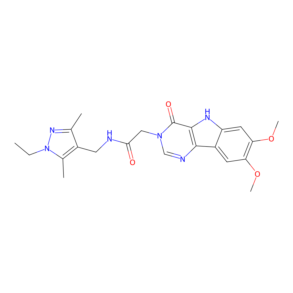 2-(7,8-dimethoxy-4-oxo-4,5-dihydro-3H-pyrimido[5,4-b]indol-3-yl)-N-((1-ethyl-3,5-dimethyl-1H-pyrazol-4-yl)methyl)acetamide molecular structure, CAS 1172705-58-6