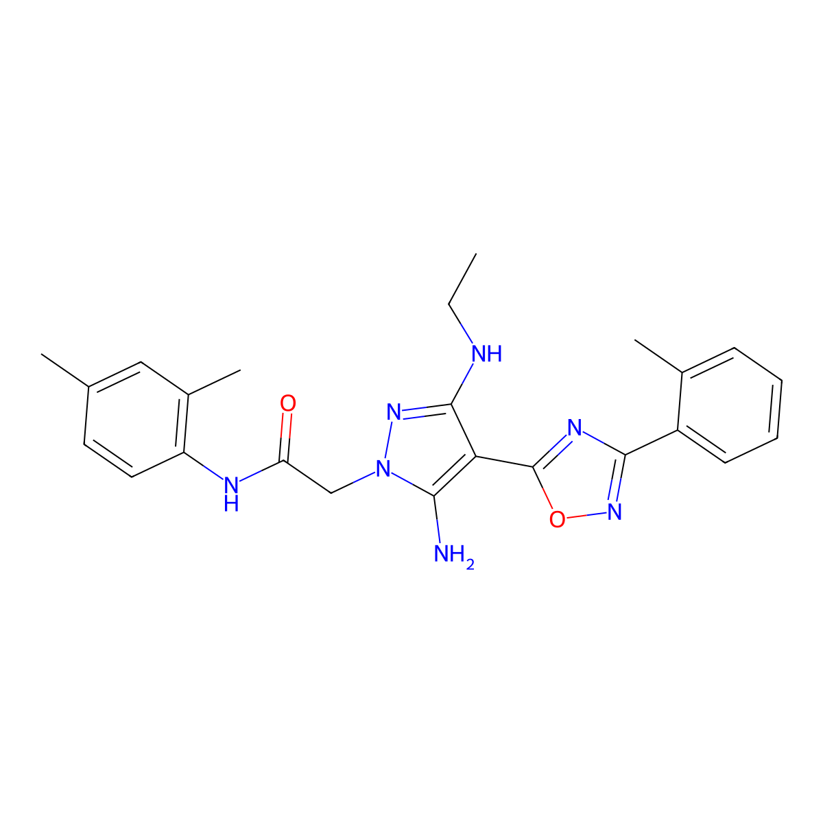 2-(5-amino-3-(ethylamino)-4-(3-(o-tolyl)-1,2,4-oxadiazol-5-yl)-1H-pyrazol-1-yl)-N-(2,4-dimethylphenyl)acetamide molecular structure, CAS 1172705-85-9