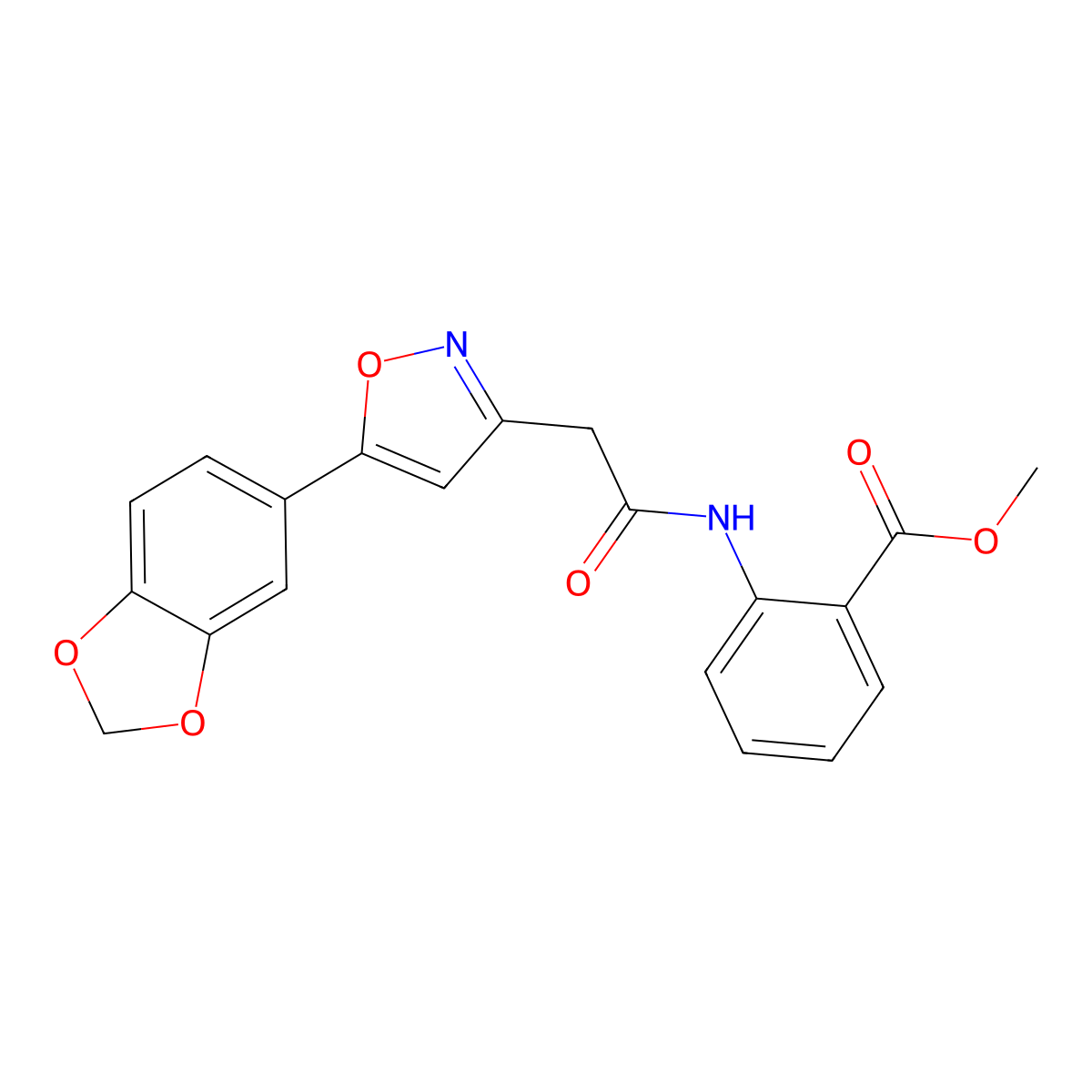 Methyl 2-(2-(5-(benzo[d][1,3]dioxol-5-yl)isoxazol-3-yl)acetamido)benzoate molecular structure, CAS 1172706-20-5