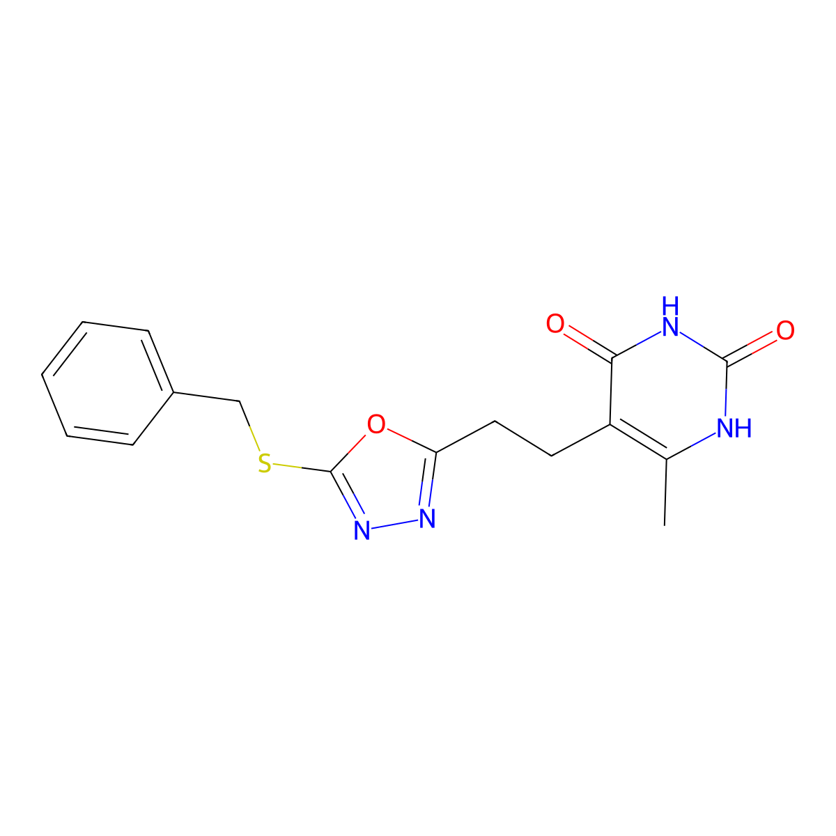 5-(2-(5-(benzylthio)-1,3,4-oxadiazol-2-yl)ethyl)-6-methylpyrimidine-2,4(1H,3H)-dione molecular structure, CAS 1172711-61-3