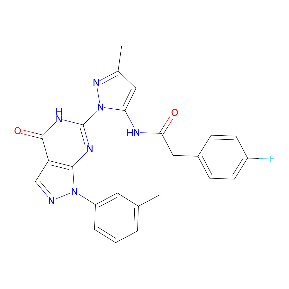 2-(4-fluorophenyl)-N-(3-methyl-1-(4-oxo-1-(m-tolyl)-4,5-dihydro-1H-pyrazolo[3,4-d]pyrimidin-6-yl)-1H-pyrazol-5-yl)acetamide molecular structure, CAS 1172715-31-9