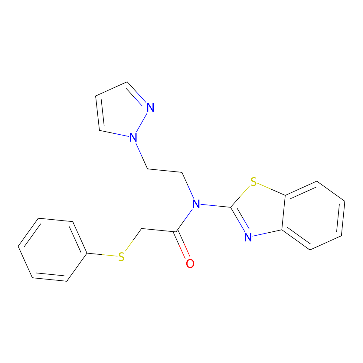 N-(2-(1H-pyrazol-1-yl)ethyl)-N-(benzo[d]thiazol-2-yl)-2-(phenylthio)acetamide molecular structure, CAS 1172716-17-4