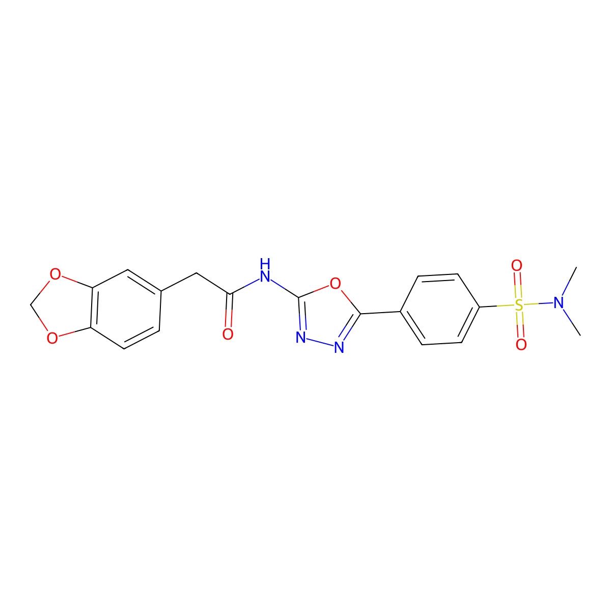2-(benzo[d][1,3]dioxol-5-yl)-N-(5-(4-(N,N-dimethylsulfamoyl)phenyl)-1,3,4-oxadiazol-2-yl)acetamide molecular structure, CAS 1172717-40-6