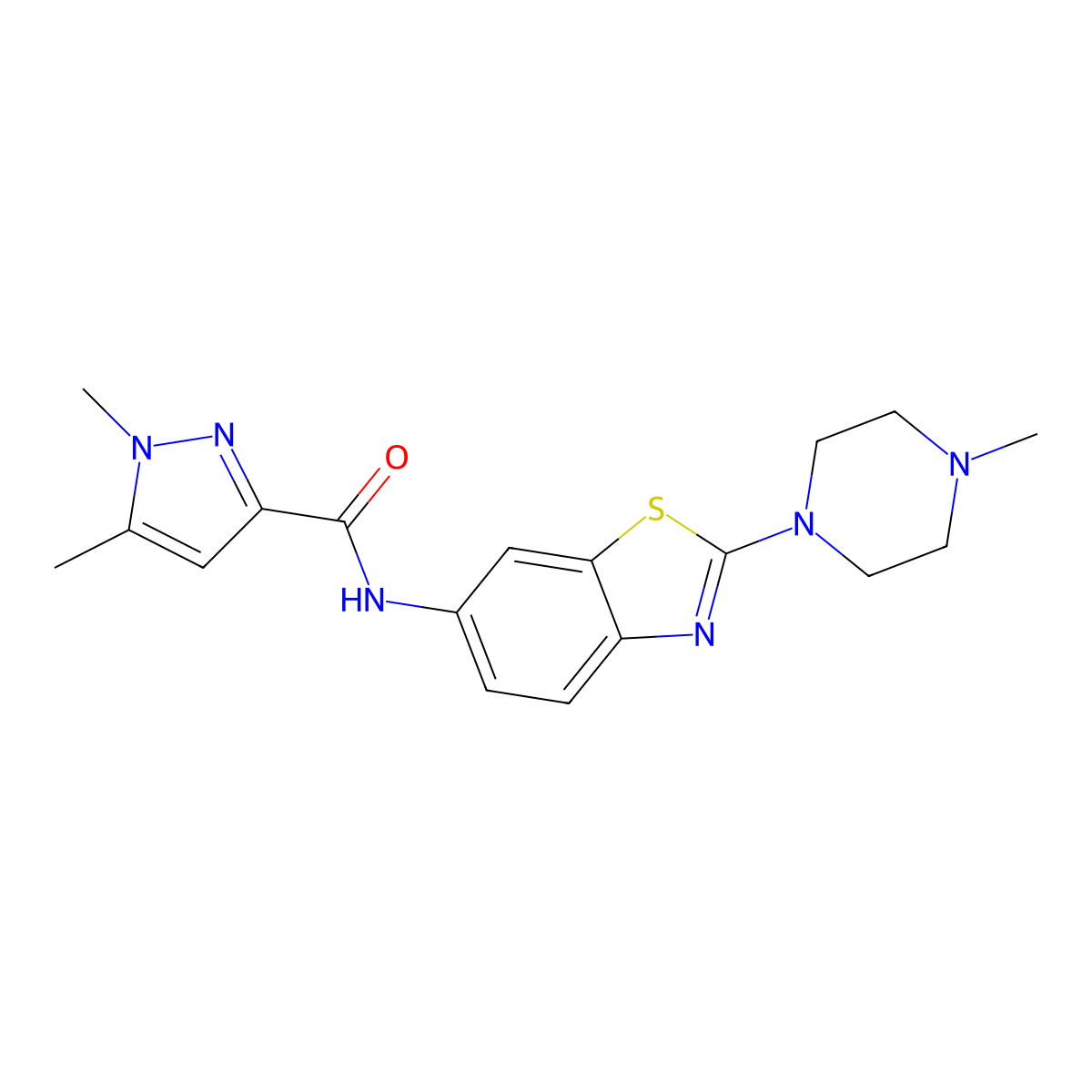 1,5-dimethyl-N-(2-(4-methylpiperazin-1-yl)benzo[d]thiazol-6-yl)-1H-pyrazole-3-carboxamide molecular structure, CAS 1172718-77-2