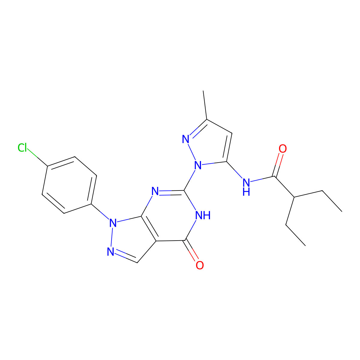 N-(1-(1-(4-chlorophenyl)-4-oxo-4,5-dihydro-1H-pyrazolo[3,4-d]pyrimidin-6-yl)-3-methyl-1H-pyrazol-5-yl)-2-ethylbutanamide molecular structure, CAS 1172718-78-3