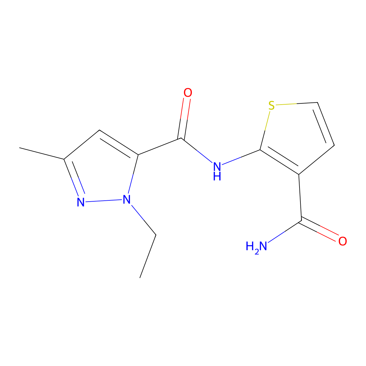 N-(3-carbamoylthiophen-2-yl)-1-ethyl-3-methyl-1H-pyrazole-5-carboxamide molecular structure, CAS 1172719-83-3