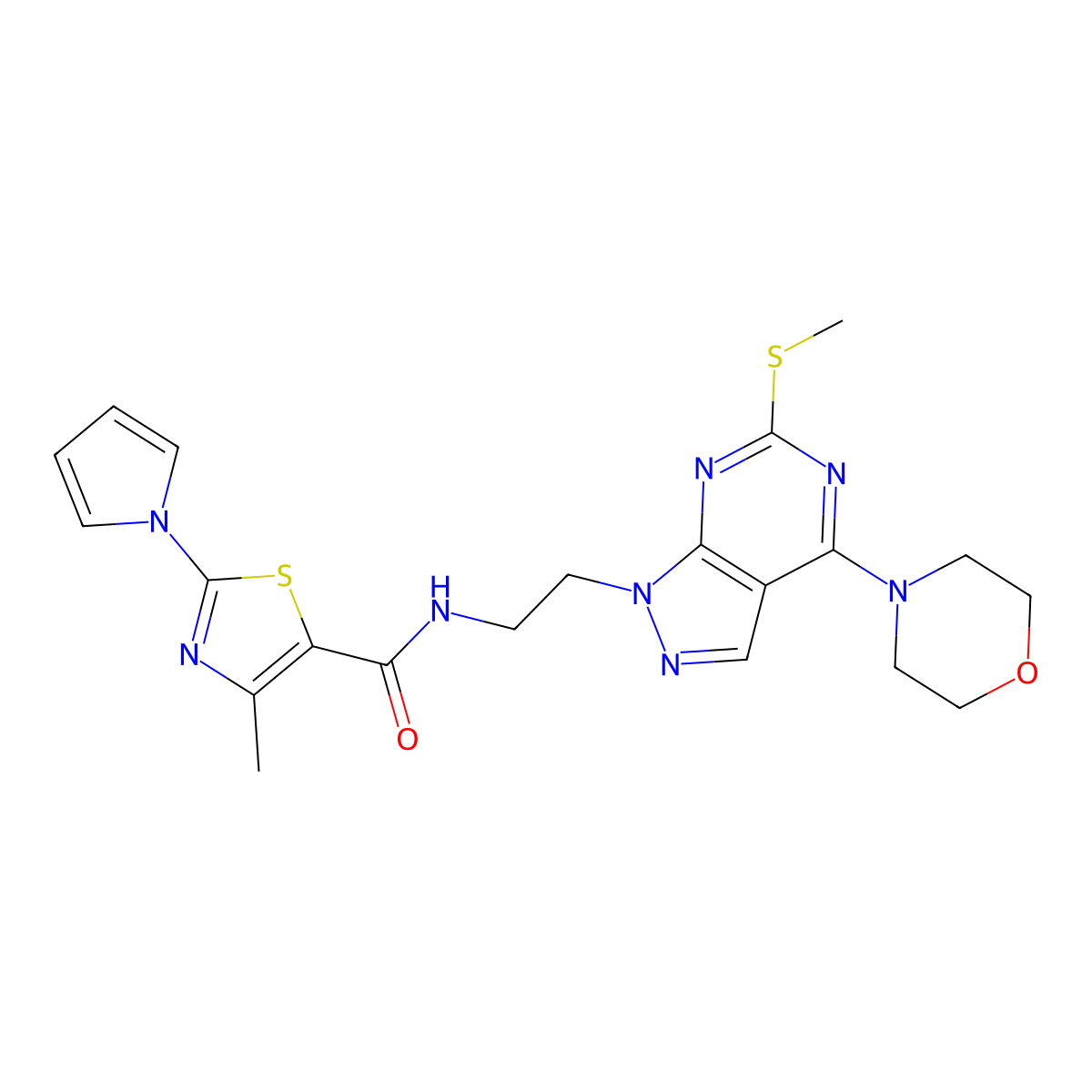 4-methyl-N-(2-(6-(methylthio)-4-morpholino-1H-pyrazolo[3,4-d]pyrimidin-1-yl)ethyl)-2-(1H-pyrrol-1-yl)thiazole-5-carboxamide molecular structure, CAS 1172720-64-7