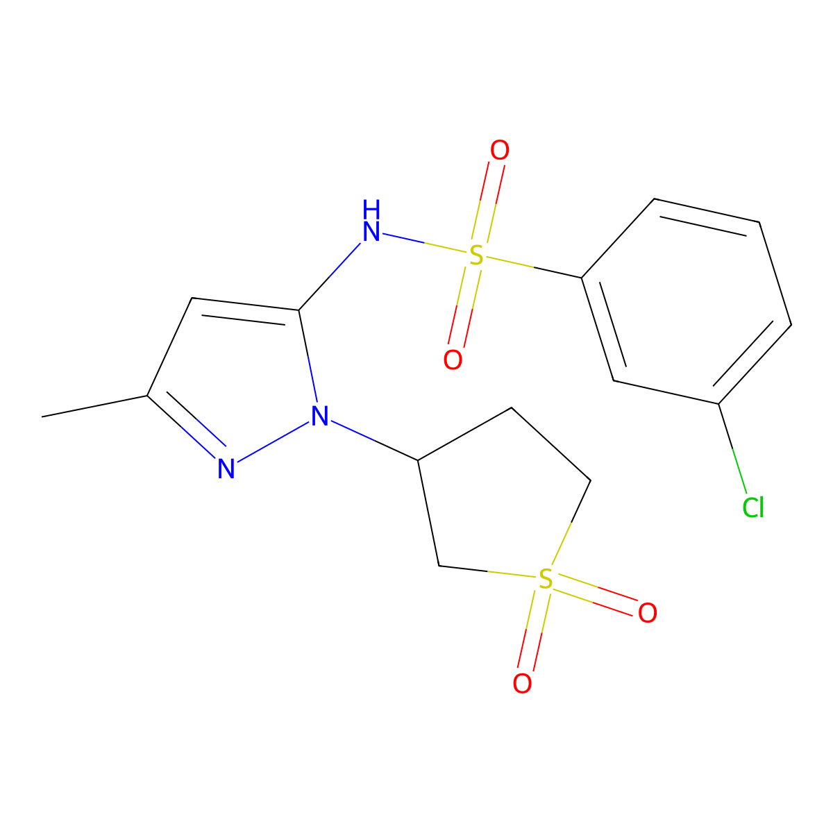 3-chloro-N-(1-(1,1-dioxidotetrahydrothiophen-3-yl)-3-methyl-1H-pyrazol-5-yl)benzenesulfonamide molecular structure, CAS 1172721-00-4