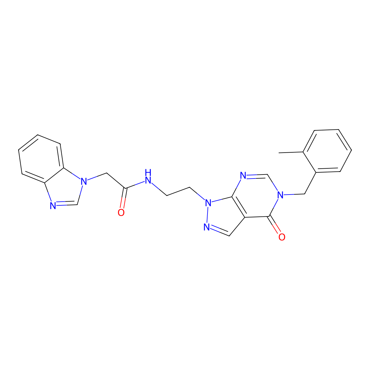 2-(1H-benzo[d]imidazol-1-yl)-N-(2-(5-(2-methylbenzyl)-4-oxo-4,5-dihydro-1H-pyrazolo[3,4-d]pyrimidin-1-yl)ethyl)acetamide molecular structure, CAS 1172721-41-3