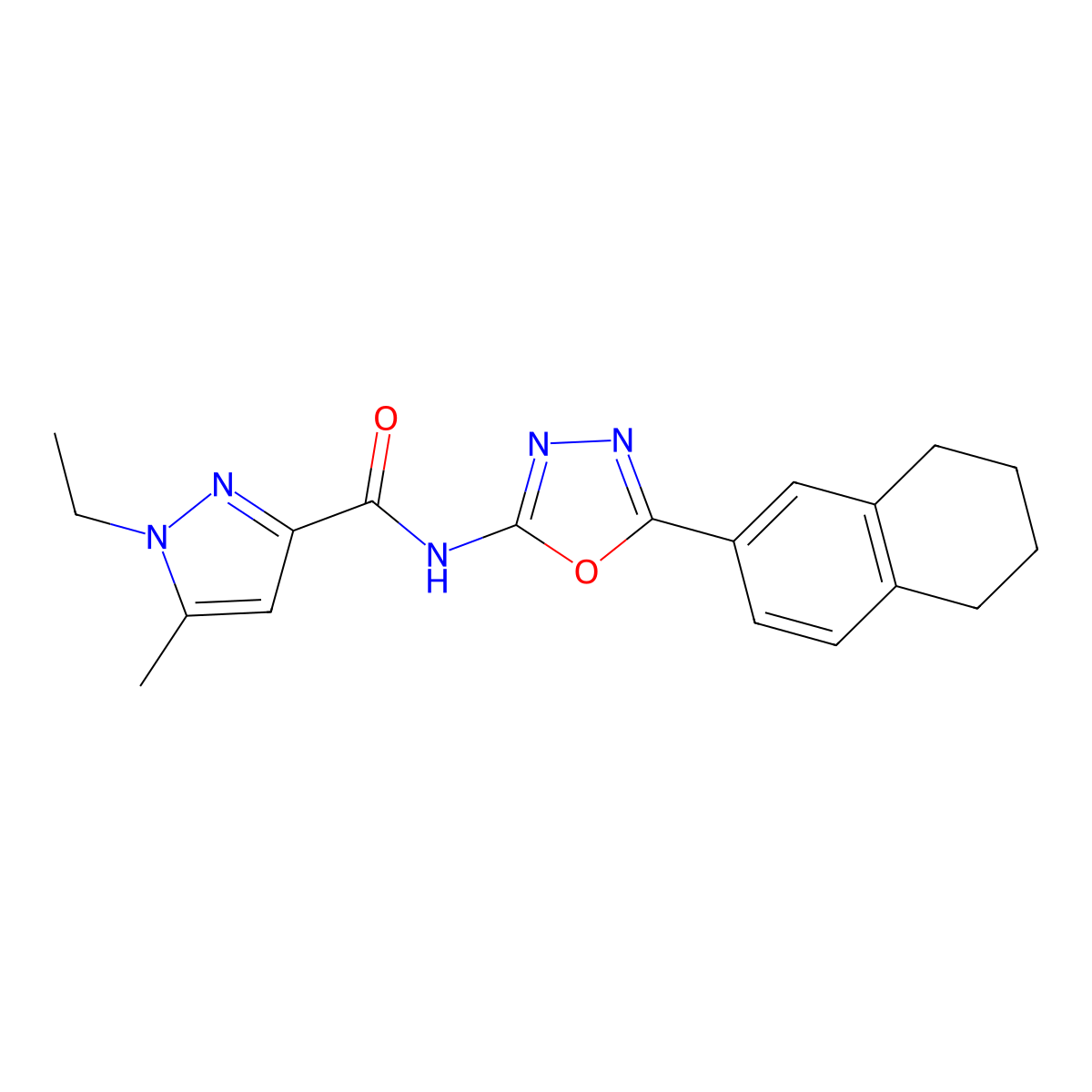 1-ethyl-5-methyl-N-[5-(5,6,7,8-tetrahydronaphthalen-2-yl)-1,3,4-oxadiazol-2-yl]-1H-pyrazole-3-carboxamide molecular structure, CAS 1172723-17-9