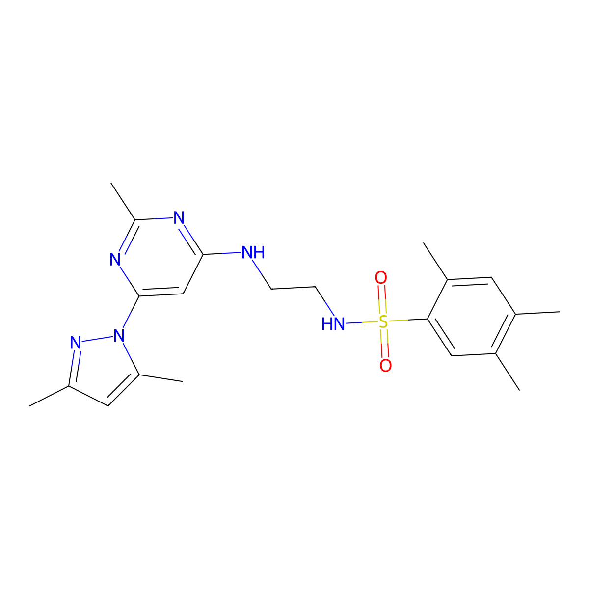 N-(2-((6-(3,5-dimethyl-1H-pyrazol-1-yl)-2-methylpyrimidin-4-yl)amino)ethyl)-2,4,5-trimethylbenzenesulfonamide molecular structure, CAS 1172723-24-8