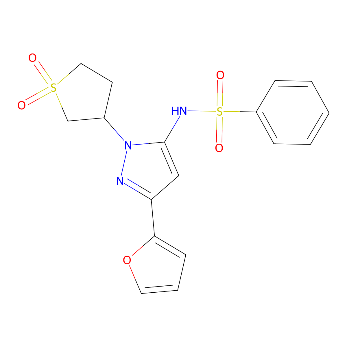 N-(1-(1,1-dioxidotetrahydrothiophen-3-yl)-3-(furan-2-yl)-1H-pyrazol-5-yl)benzenesulfonamide molecular structure, CAS 1172723-70-4