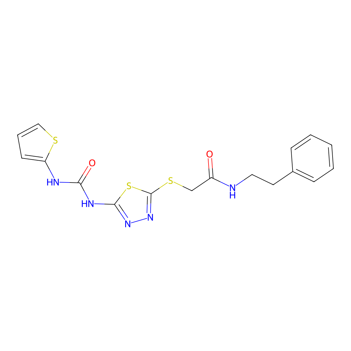 N-(2-phenylethyl)-2-[(5-{[(thiophen-2-yl)carbamoyl]amino}-1,3,4-thiadiazol-2-yl)sulfanyl]acetamide molecular structure, CAS 1172724-17-2