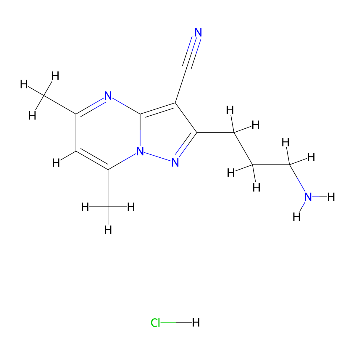 2-(3-Aminopropyl)-5,7-dimethylpyrazolo[1,5-a]pyrimidine-3-carbonitrile hydrochloride molecular structure, CAS 1172725-56-2
