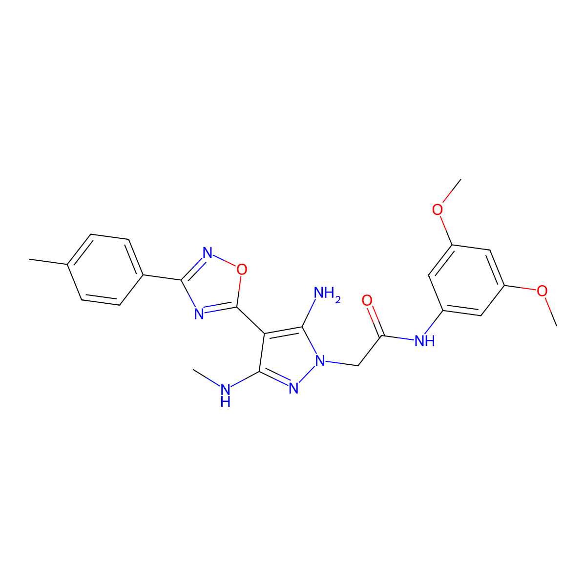 2-[5-amino-3-(methylamino)-4-[3-(4-methylphenyl)-1,2,4-oxadiazol-5-yl]-1H-pyrazol-1-yl]-N-(3,5-dimethoxyphenyl)acetamide molecular structure, CAS 1172726-41-8