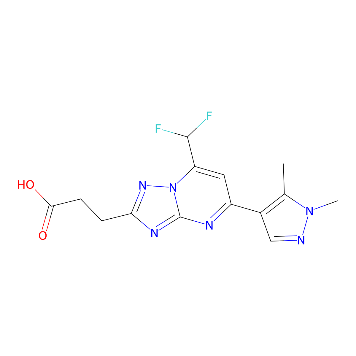 3-(7-(Difluoromethyl)-5-(1,5-dimethyl-1H-pyrazol-4-yl)-[1,2,4]triazolo[1,5-a]pyrimidin-2-yl)propanoic acid molecular structure, CAS 1172726-60-1