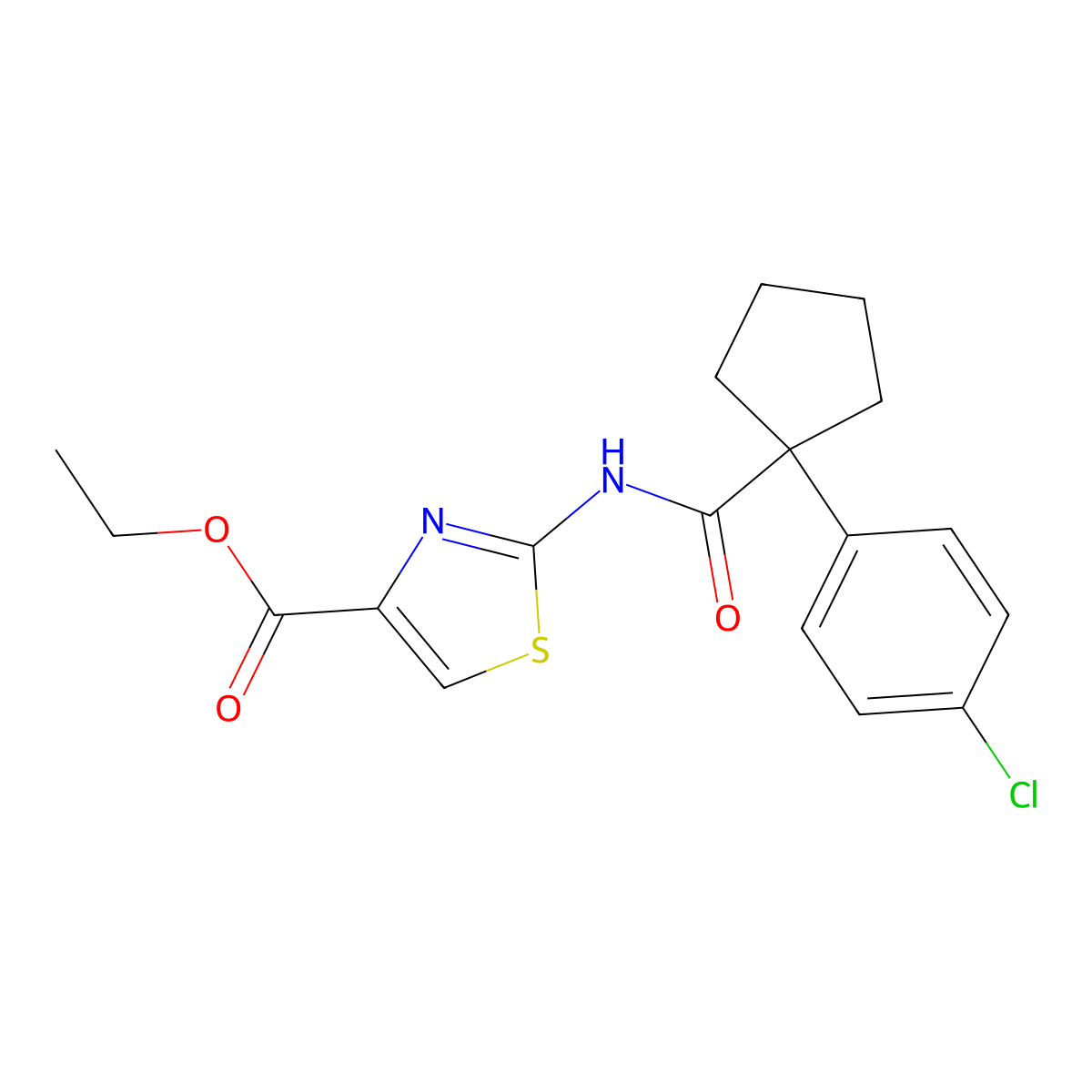 Ethyl 2-(1-(4-chlorophenyl)cyclopentanecarboxamido)thiazole-4-carboxylate molecular structure, CAS 1172727-18-2