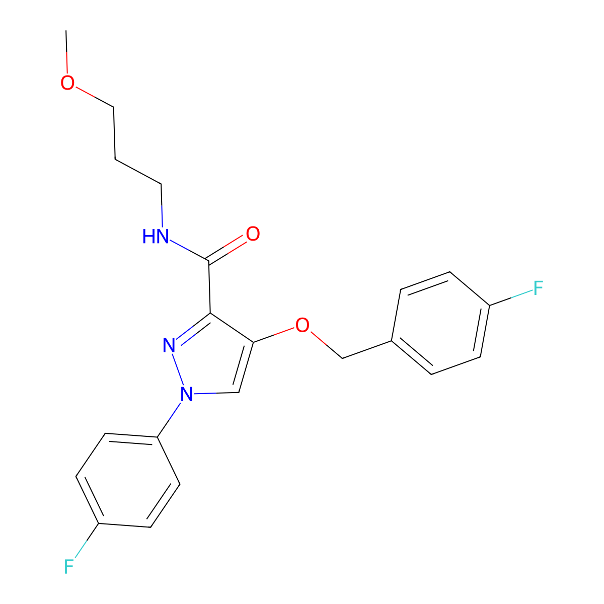 4-((4-fluorobenzyl)oxy)-1-(4-fluorophenyl)-N-(3-methoxypropyl)-1H-pyrazole-3-carboxamide molecular structure, CAS 1172727-29-5