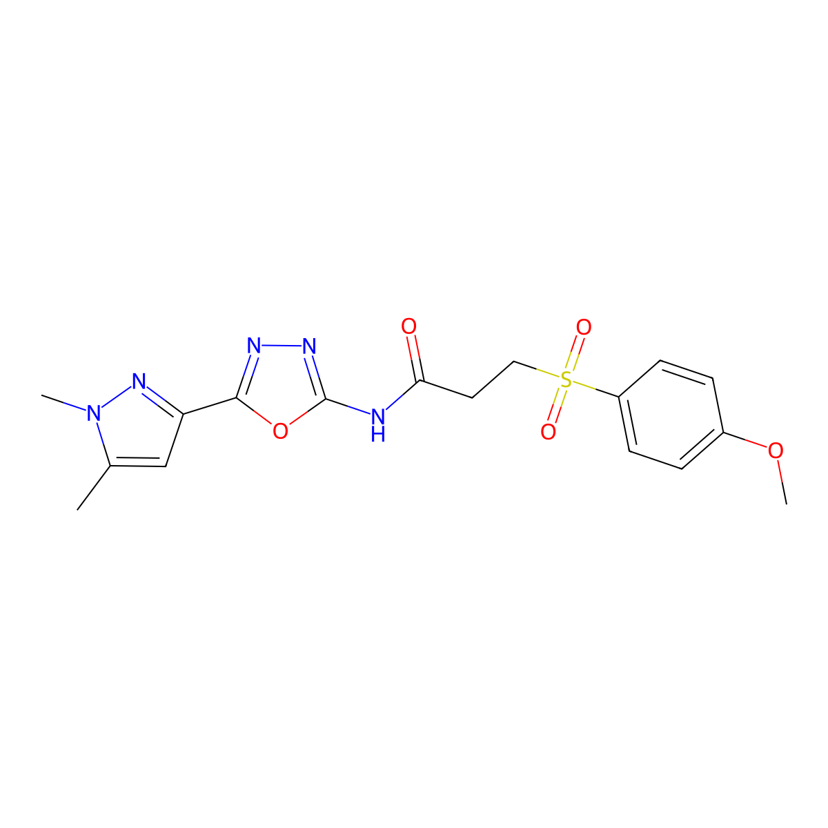 N-(5-(1,5-dimethyl-1H-pyrazol-3-yl)-1,3,4-oxadiazol-2-yl)-3-((4-methoxyphenyl)sulfonyl)propanamide molecular structure, CAS 1172727-71-7