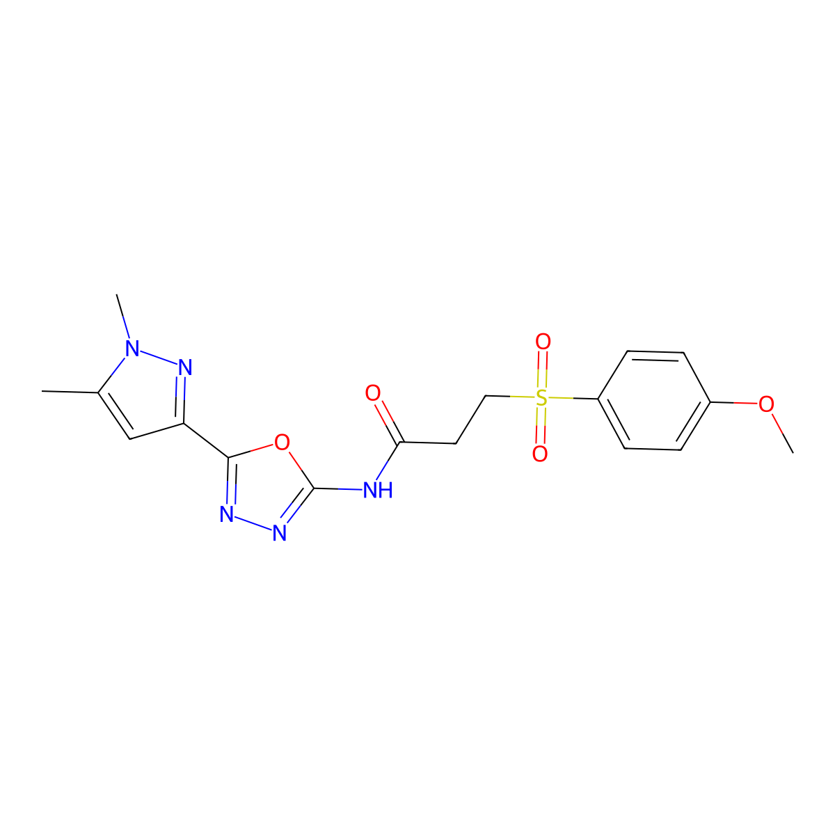 N-(5-(1,5-dimethyl-1H-pyrazol-3-yl)-1,3,4-oxadiazol-2-yl)-3-((4-methoxyphenyl)sulfonyl)propanamide molecular structure, CAS 1172727-71-7