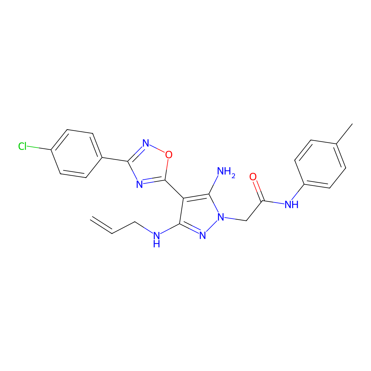 2-(3-(allylamino)-5-amino-4-(3-(4-chlorophenyl)-1,2,4-oxadiazol-5-yl)-1H-pyrazol-1-yl)-N-(p-tolyl)acetamide molecular structure, CAS 1172729-26-8