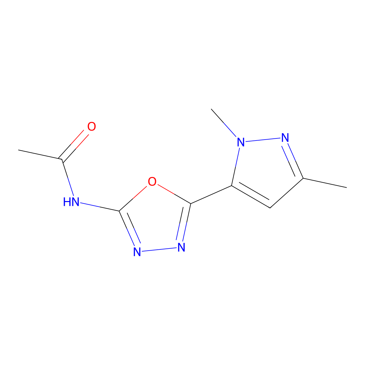 N-[5-(1,3-dimethyl-1H-pyrazol-5-yl)-1,3,4-oxadiazol-2-yl]acetamide molecular structure, CAS 1172731-08-6