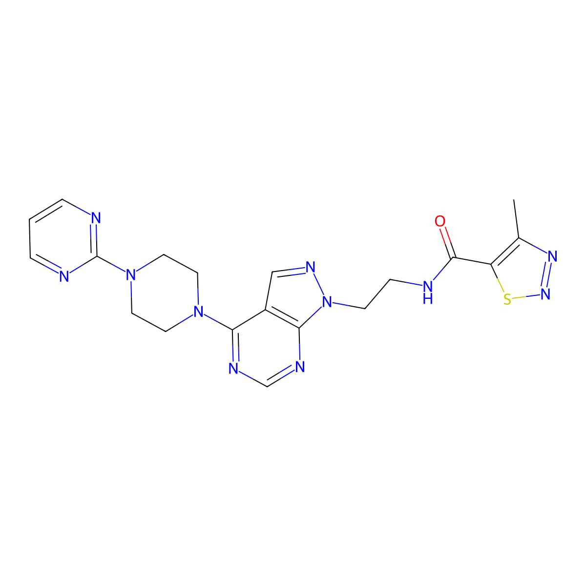 4-methyl-N-(2-(4-(4-(pyrimidin-2-yl)piperazin-1-yl)-1H-pyrazolo[3,4-d]pyrimidin-1-yl)ethyl)-1,2,3-thiadiazole-5-carboxamide molecular structure, CAS 1172733-49-1