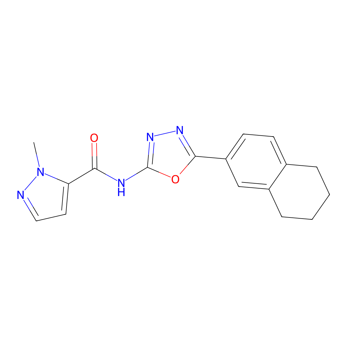 1-methyl-N-(5-(5,6,7,8-tetrahydronaphthalen-2-yl)-1,3,4-oxadiazol-2-yl)-1H-pyrazole-5-carboxamide molecular structure, CAS 1172733-51-5