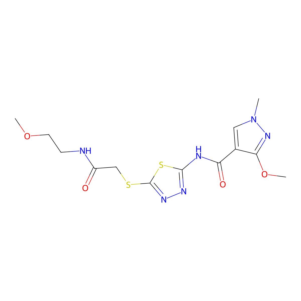 3-methoxy-N-(5-((2-((2-methoxyethyl)amino)-2-oxoethyl)thio)-1,3,4-thiadiazol-2-yl)-1-methyl-1H-pyrazole-4-carboxamide molecular structure, CAS 1172734-07-4