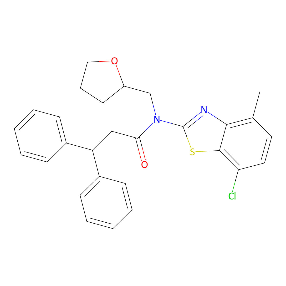 N-(7-chloro-4-methylbenzo[d]thiazol-2-yl)-3,3-diphenyl-N-((tetrahydrofuran-2-yl)methyl)propanamide molecular structure, CAS 1172734-93-8