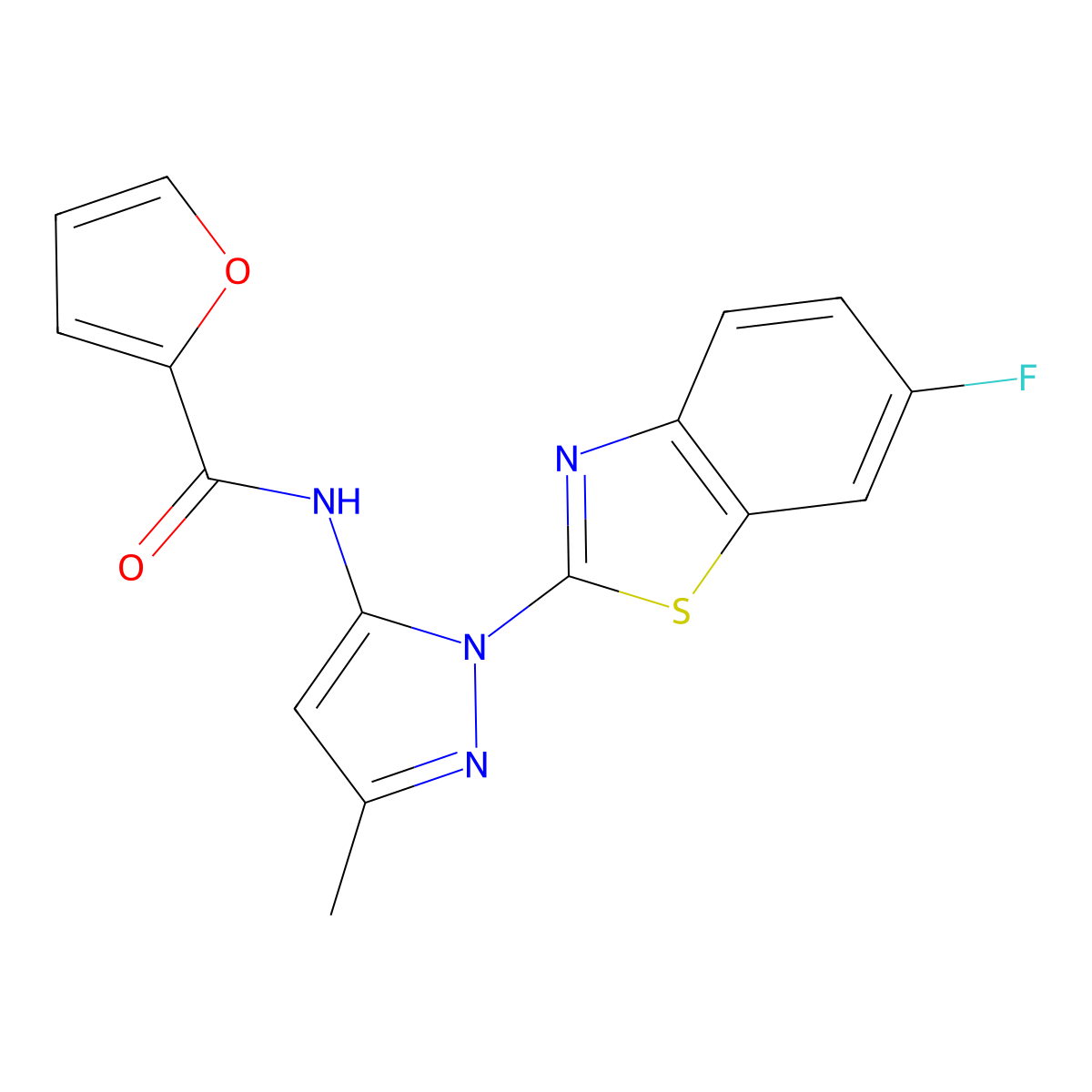 N-[1-(6-fluoro-1,3-benzothiazol-2-yl)-3-methyl-1H-pyrazol-5-yl]furan-2-carboxamide molecular structure, CAS 1172737-38-0