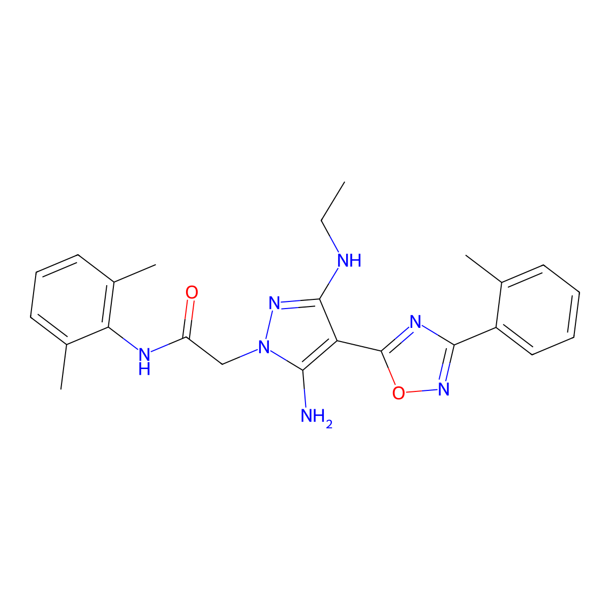 2-(5-amino-3-(ethylamino)-4-(3-(o-tolyl)-1,2,4-oxadiazol-5-yl)-1H-pyrazol-1-yl)-N-(2,6-dimethylphenyl)acetamide molecular structure, CAS 1172738-42-9