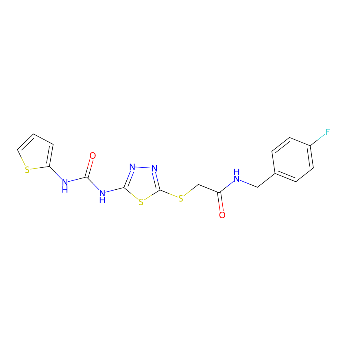 N-(4-fluorobenzyl)-2-((5-(3-(thiophen-2-yl)ureido)-1,3,4-thiadiazol-2-yl)thio)acetamide molecular structure, CAS 1172739-41-1