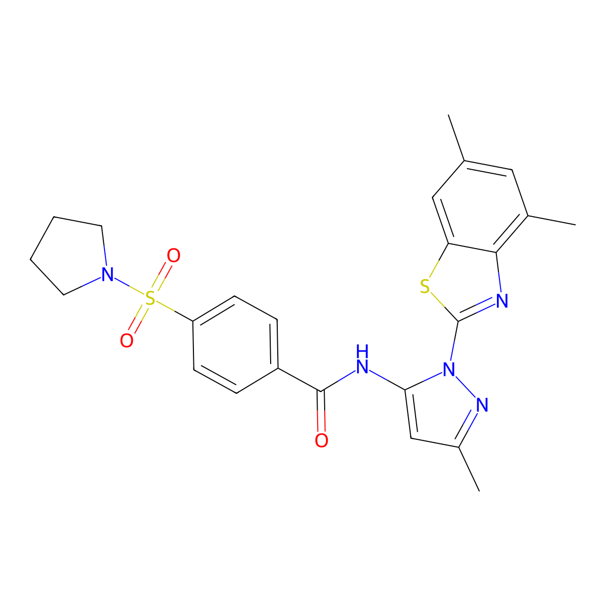 N-(1-(4,6-dimethylbenzo[d]thiazol-2-yl)-3-methyl-1H-pyrazol-5-yl)-4-(pyrrolidin-1-ylsulfonyl)benzamide molecular structure, CAS 1172740-52-1