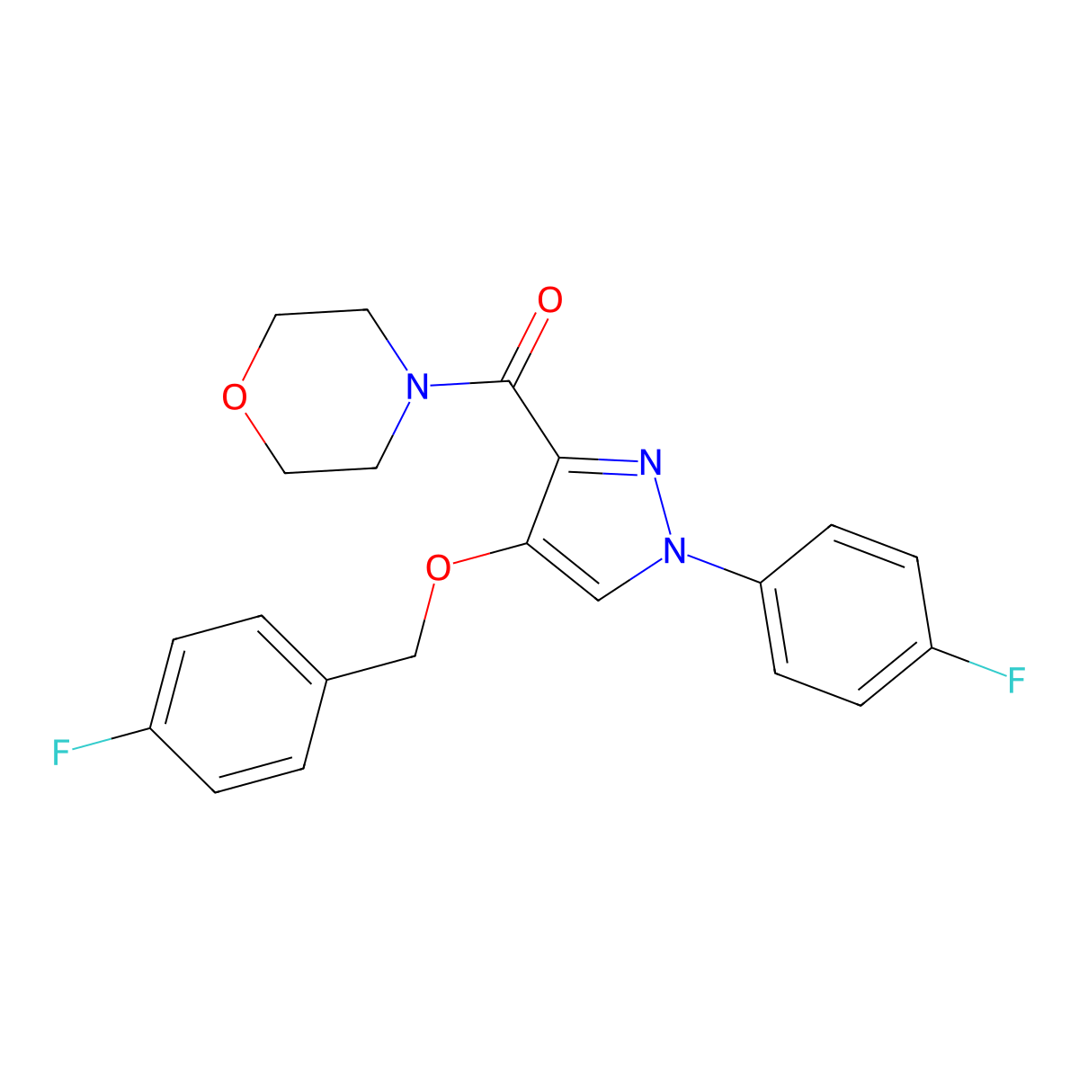(4-((4-fluorobenzyl)oxy)-1-(4-fluorophenyl)-1H-pyrazol-3-yl)(morpholino)methanone molecular structure, CAS 1172741-30-8