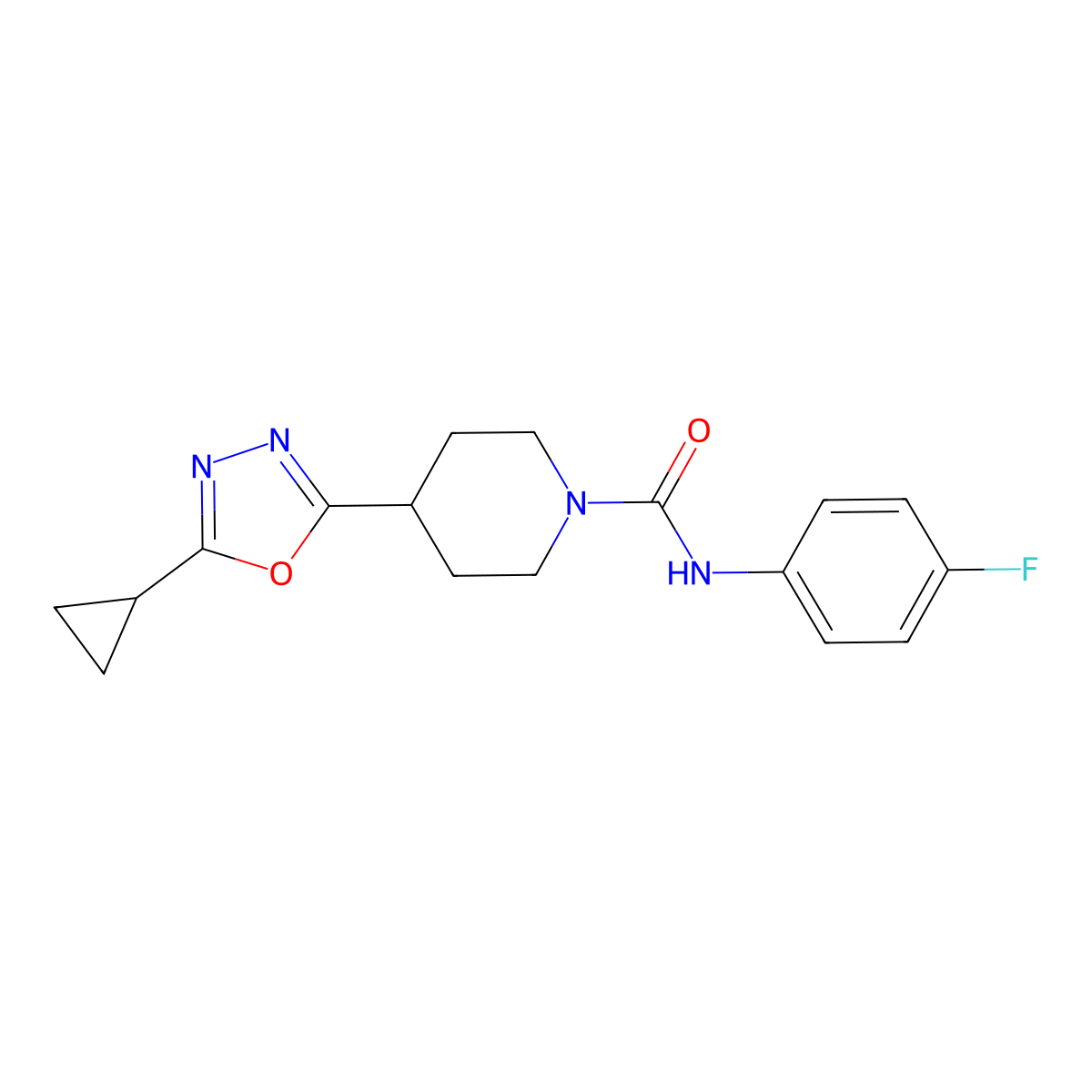 4-(5-cyclopropyl-1,3,4-oxadiazol-2-yl)-N-(4-fluorophenyl)piperidine-1-carboxamide molecular structure, CAS 1172741-59-1