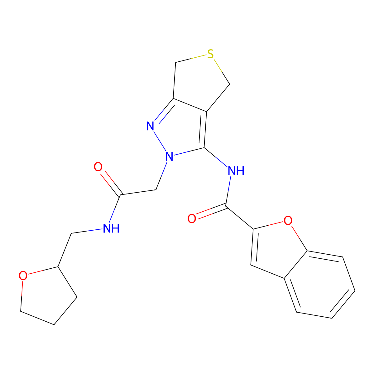 N-(2-(2-oxo-2-(((tetrahydrofuran-2-yl)methyl)amino)ethyl)-4,6-dihydro-2H-thieno[3,4-c]pyrazol-3-yl)benzofuran-2-carboxamide molecular structure, CAS 1172742-21-0