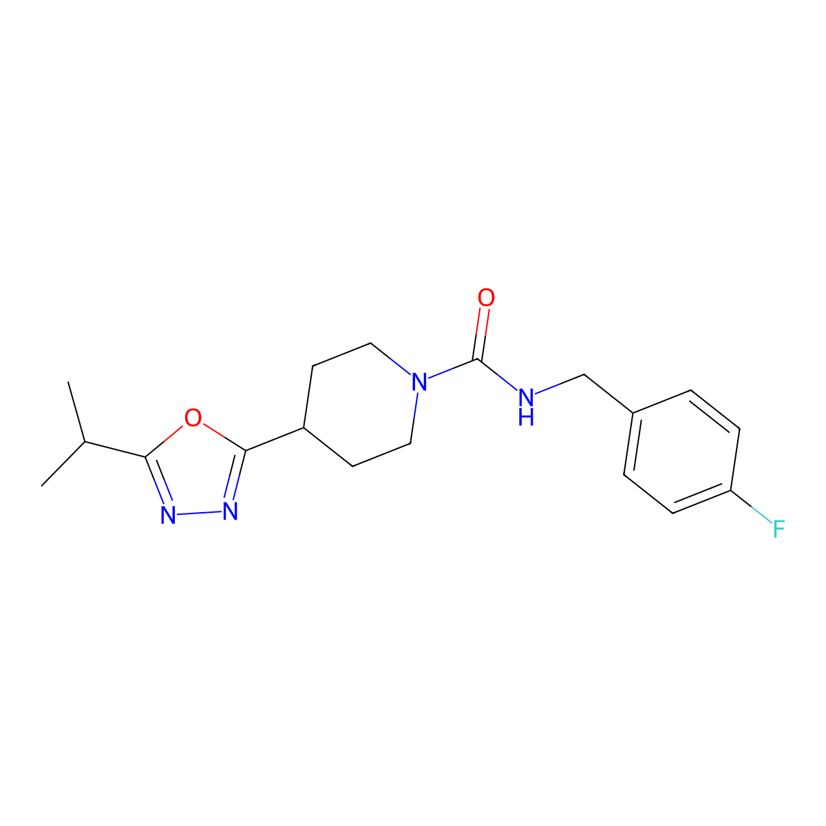 N-(4-fluorobenzyl)-4-(5-isopropyl-1,3,4-oxadiazol-2-yl)piperidine-1-carboxamide molecular structure, CAS 1172742-24-3