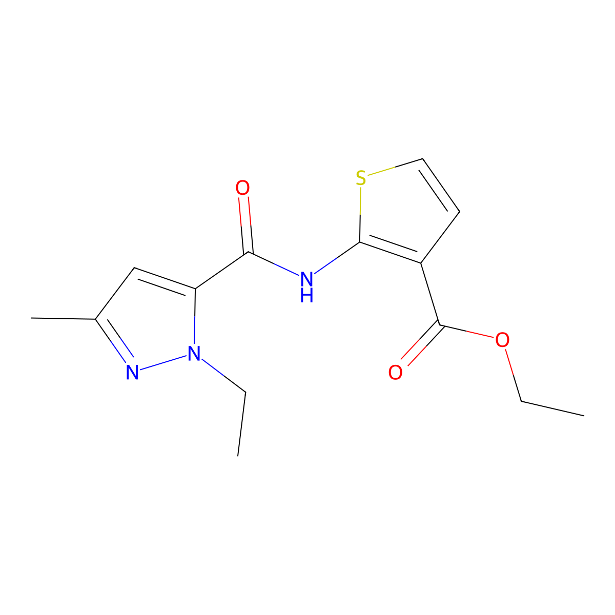 ethyl 2-(1-ethyl-3-methyl-1H-pyrazole-5-amido)thiophene-3-carboxylate molecular structure, CAS 1172742-70-9