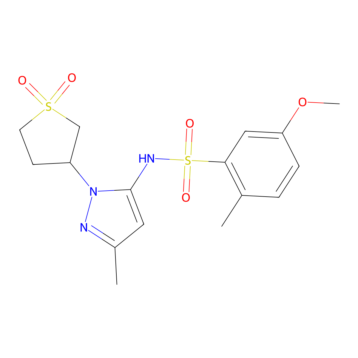 N-(1-(1,1-dioxidotetrahydrothiophen-3-yl)-3-methyl-1H-pyrazol-5-yl)-5-methoxy-2-methylbenzenesulfonamide molecular structure, CAS 1172744-49-8