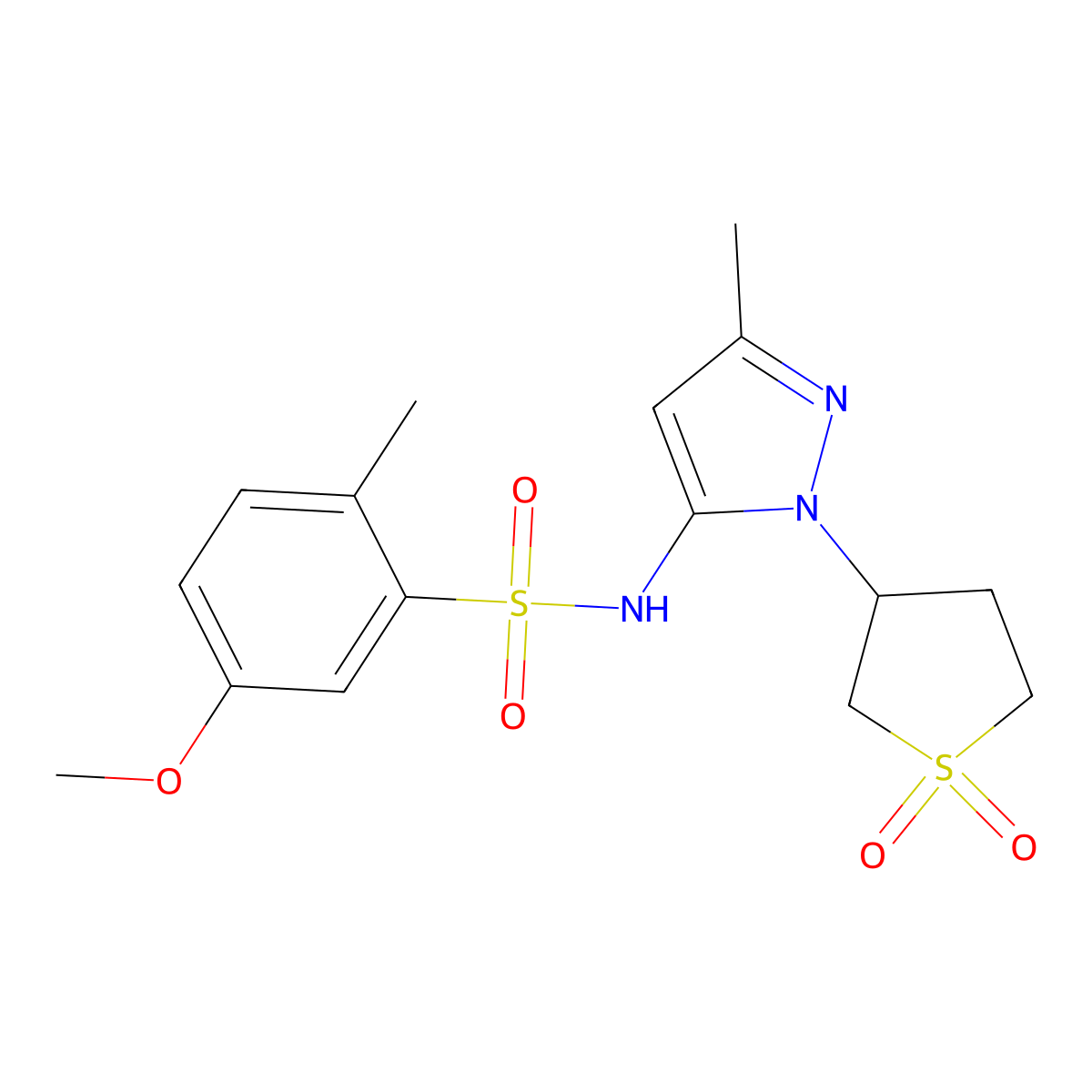 N-(1-(1,1-dioxidotetrahydrothiophen-3-yl)-3-methyl-1H-pyrazol-5-yl)-5-methoxy-2-methylbenzenesulfonamide molecular structure, CAS 1172744-49-8