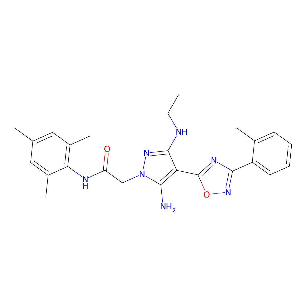 2-(5-amino-3-(ethylamino)-4-(3-(o-tolyl)-1,2,4-oxadiazol-5-yl)-1H-pyrazol-1-yl)-N-mesitylacetamide molecular structure, CAS 1172746-01-8